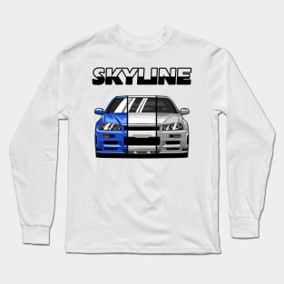 Nissan Skyline r34 GTR White Grey and Blue, JDM Car Long Sleeve T-Shirt